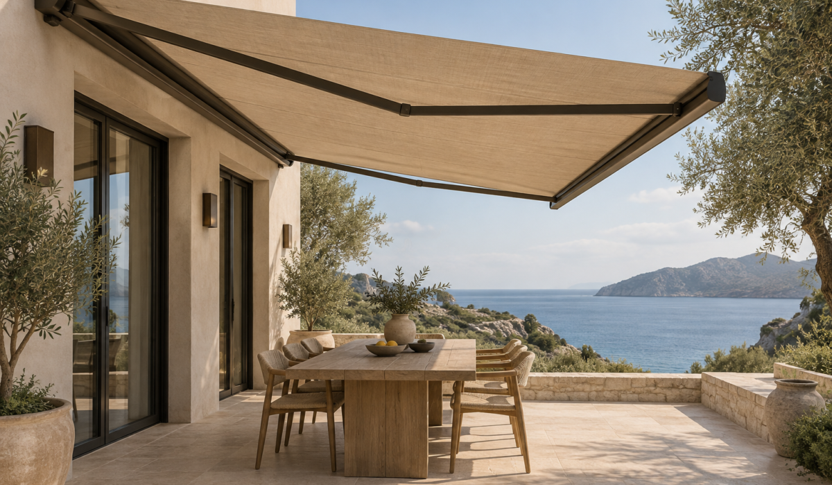 Imagen de demostración: área de comedor en la terraza bajo un toldo retráctil extendido, con vista al mar.